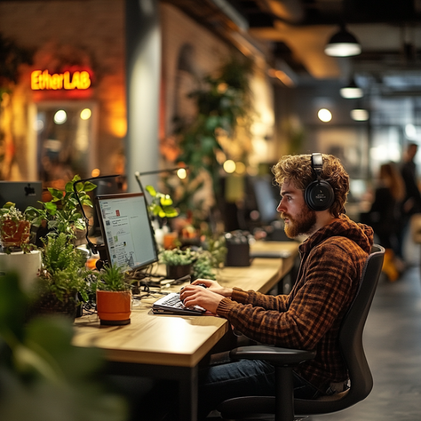 “헤드셋을 착용한 마케터가 식물로 꾸며진 사무실에서 AI 기반 콘텐츠 분석 작업을 수행 중인 모습”