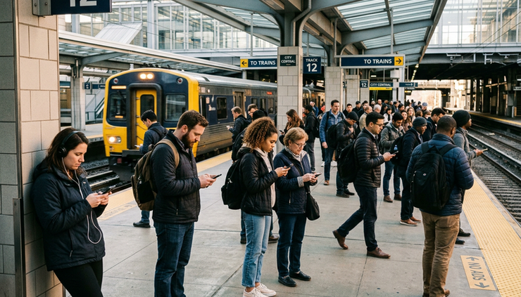 Wide-angle view of a city train platform where travelers read news on their phones