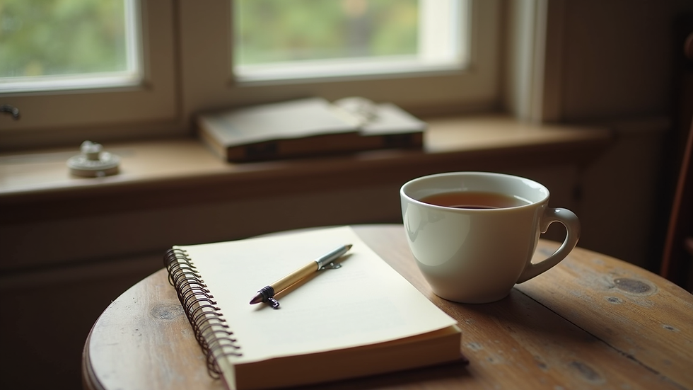 Eye-level view of a cozy reading nook with a journal and a cup of tea