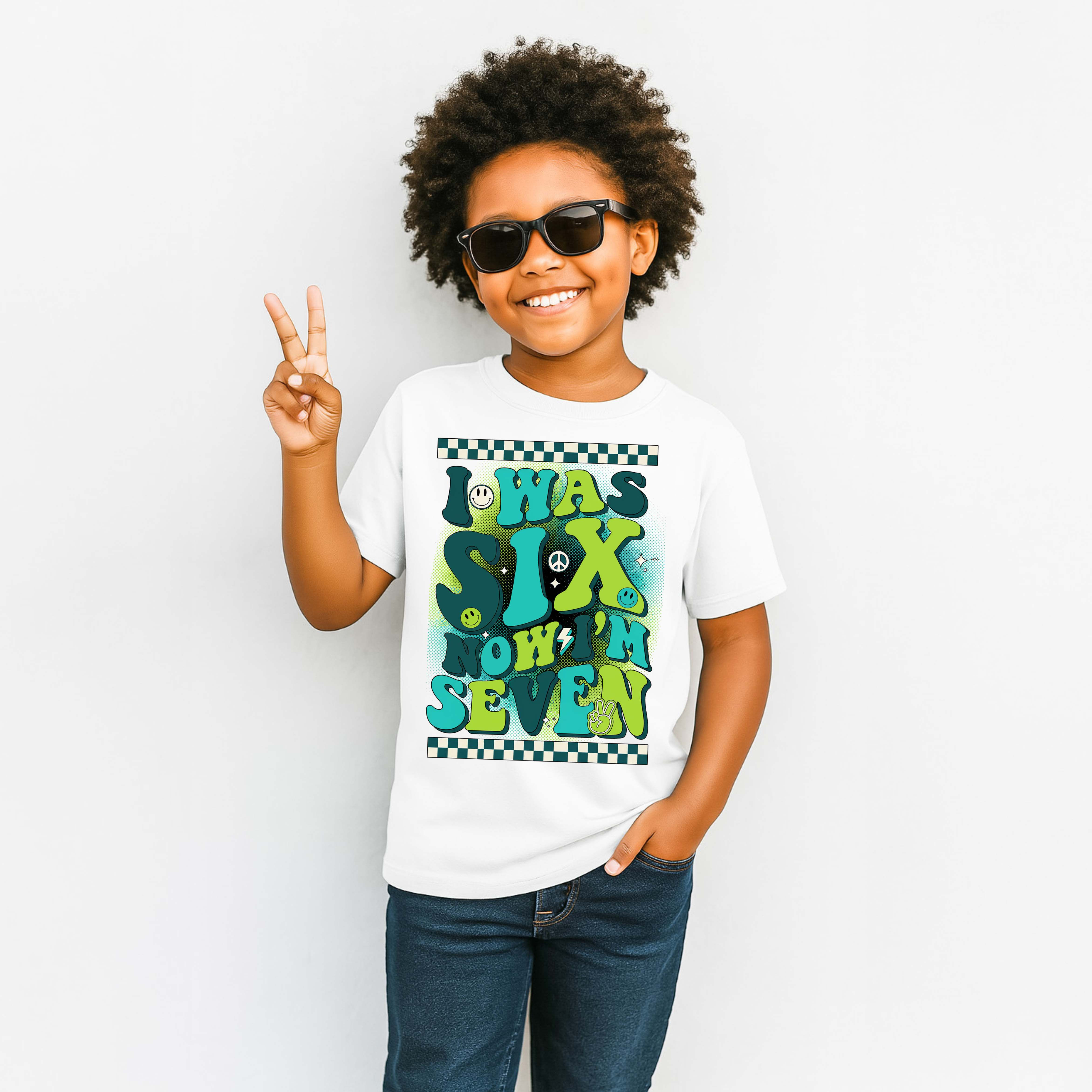 Was Six Now I’m Seven Kids Birthday T-Shirt – White Cotton Short Sleeve Tee