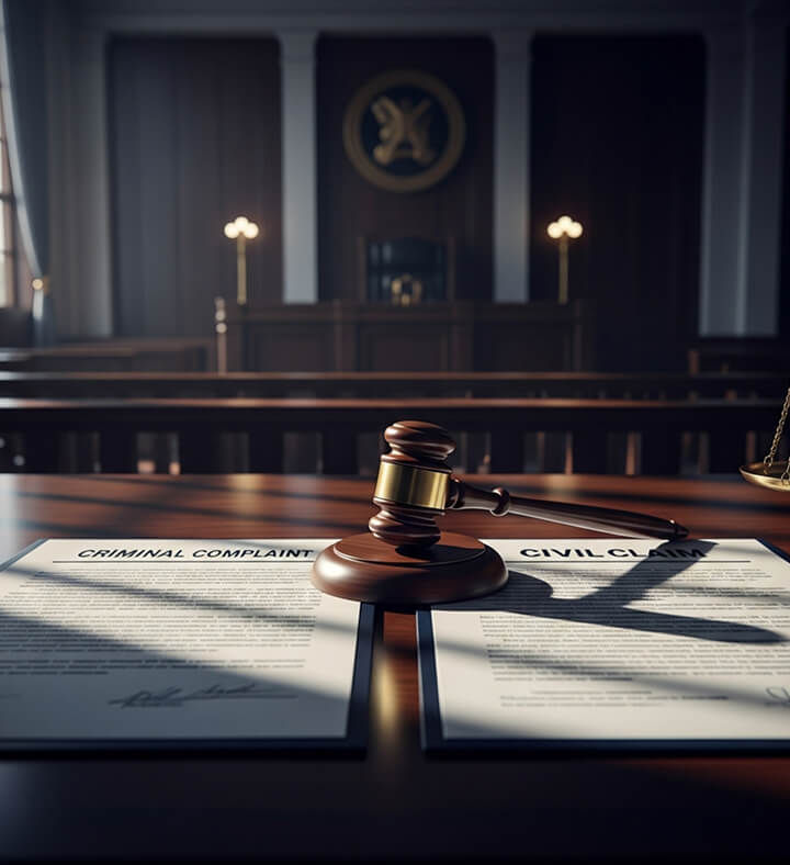 two legal documents side by side on a dark mahogany desk, one labeled Criminal Complaint a