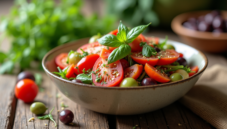 Eye-level view of a colorful Mediterranean salad bowl with fresh vegetables and olives