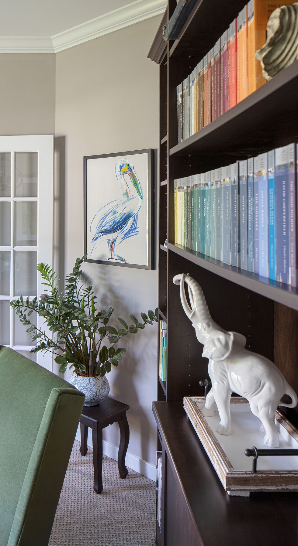 Color-Coordinated classics in our built-in bookcase