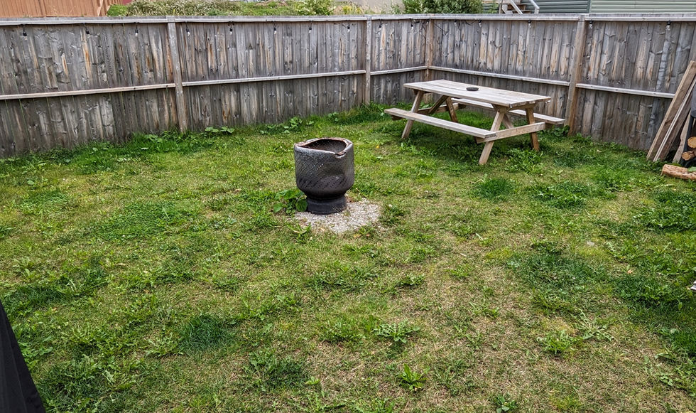 Green outdoor space with an above ground firepit and picnic table