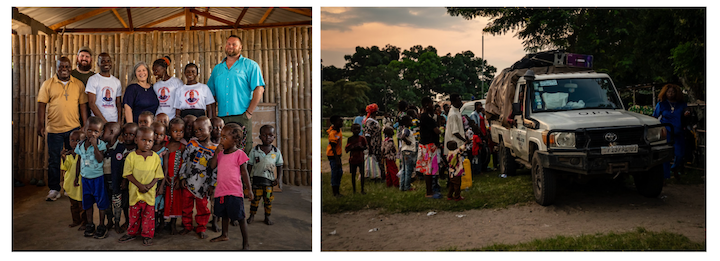 Adults and children indoors; vehicle and people outdoors