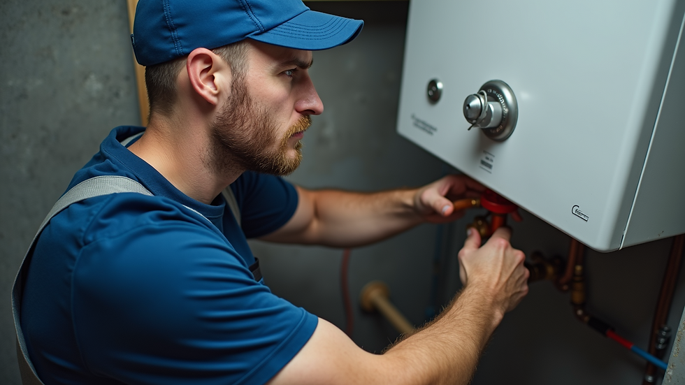 High angle view of a plumber inspecting a water heater with tools