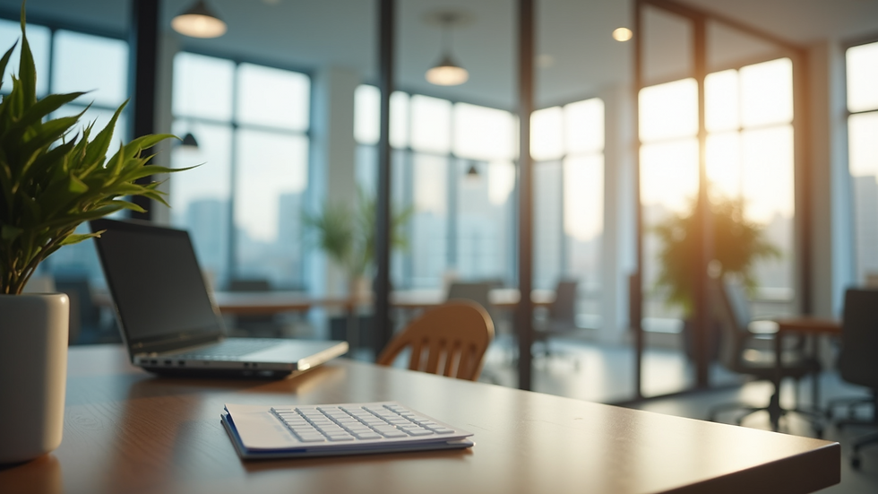 Wide angle view of a serene financial planning office