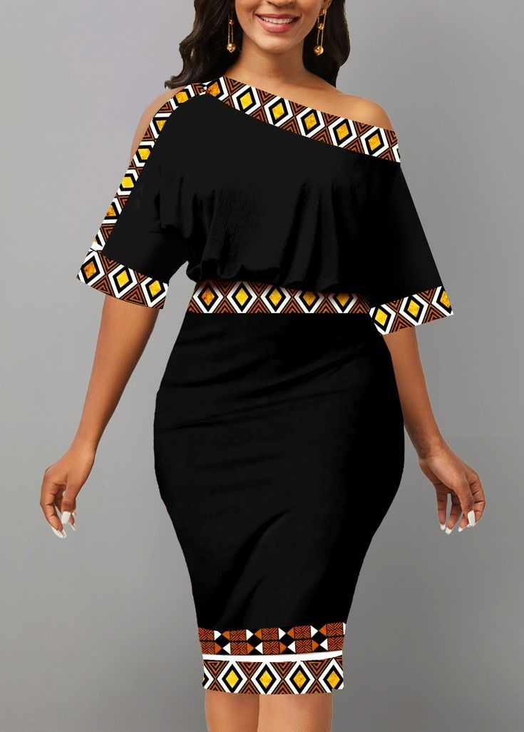 Women's Plus Geometric Print Short Sleeve Round Neck Layered Midi Slim Fit Dress