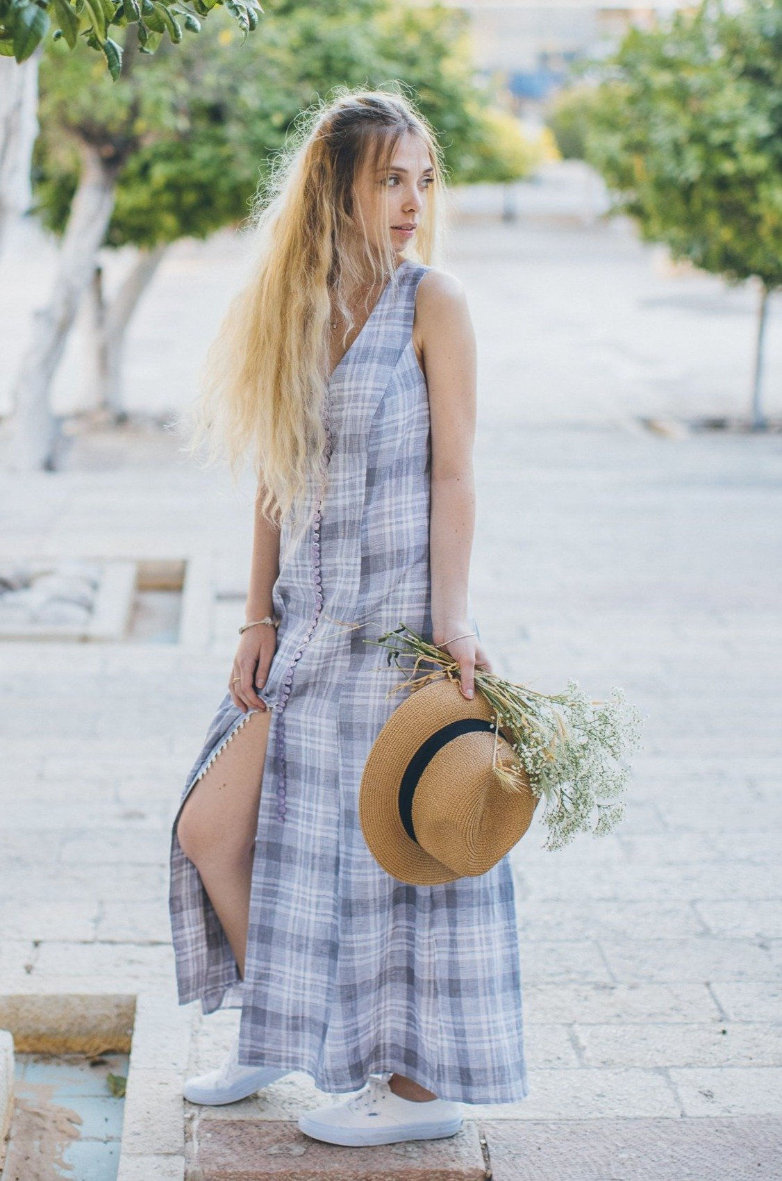 Maxi Dress in Grey with Check Weave