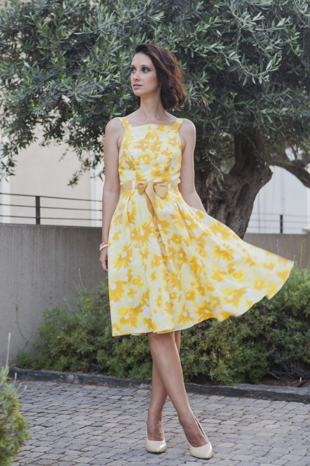 Midi Dress with White and Yellow Floral Print