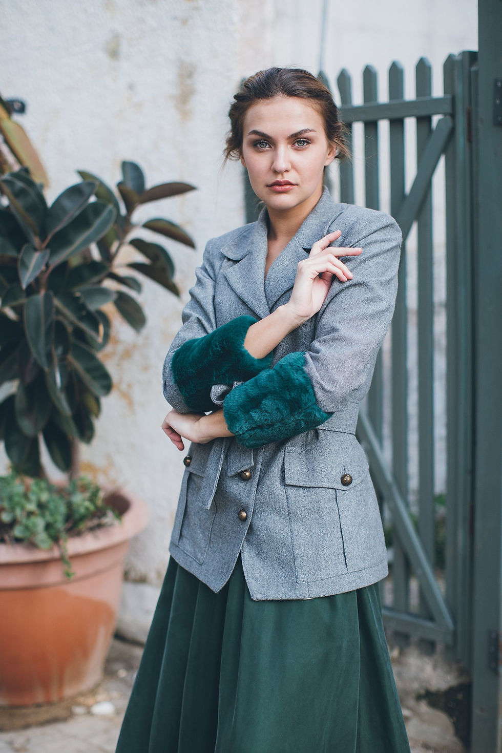 Thumbnail: Grey Wool Jacket with Green Fur