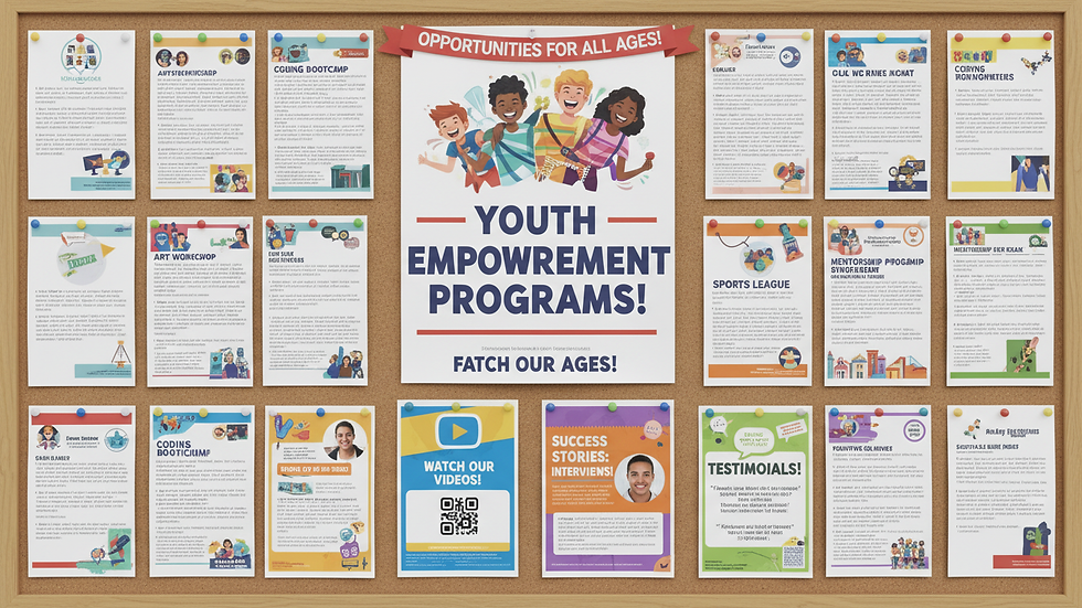 Close-up view of a bulletin board with flyers about youth programs