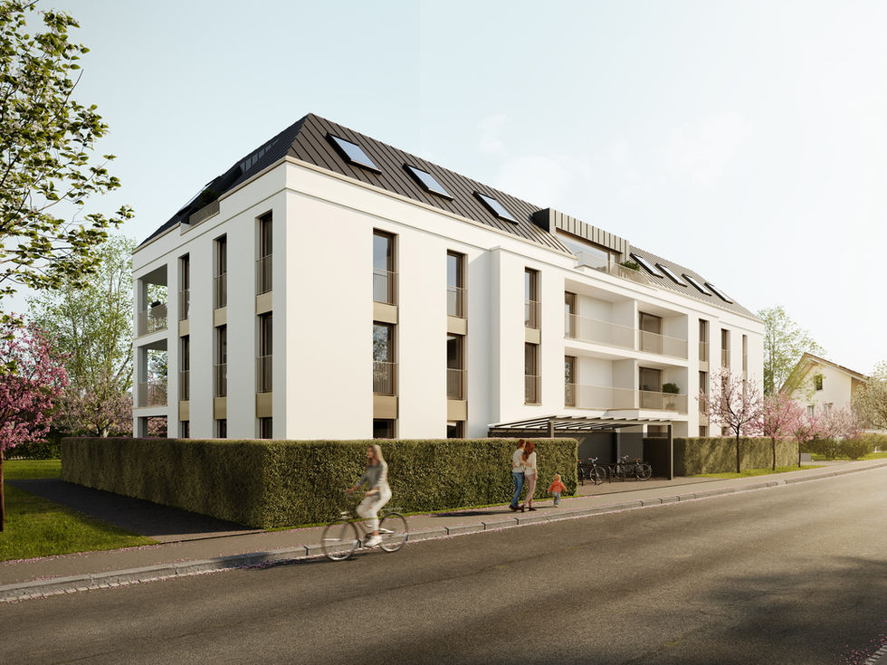 Modernes Mehrfamilienhaus mit Steildach und Messing Metallarbeiten geplant von HMA Architekten in St. Gallen.