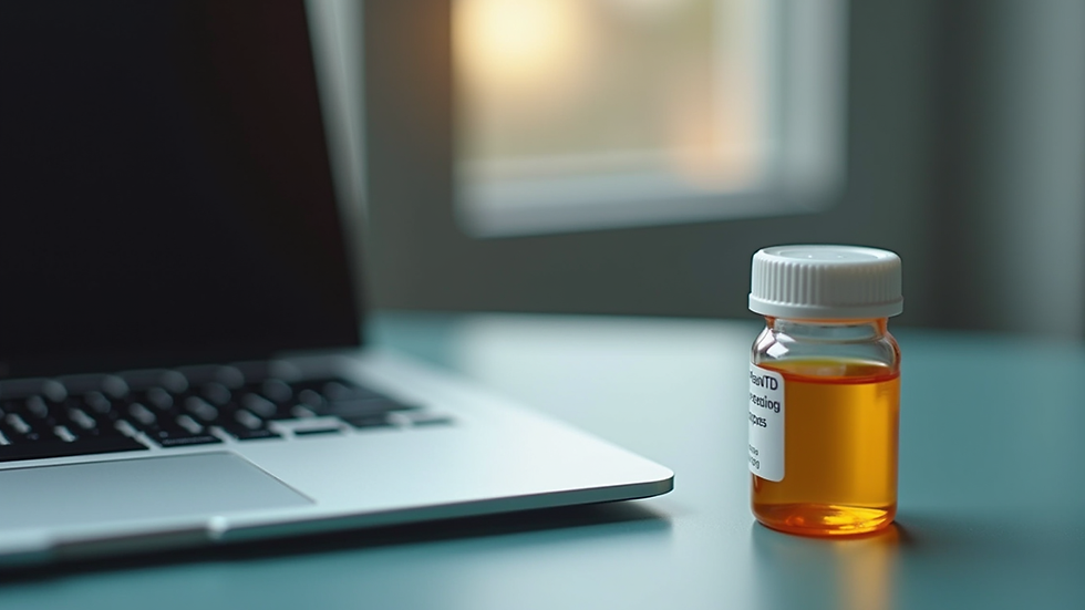 Close-up view of a prescription bottle and a laptop keyboard