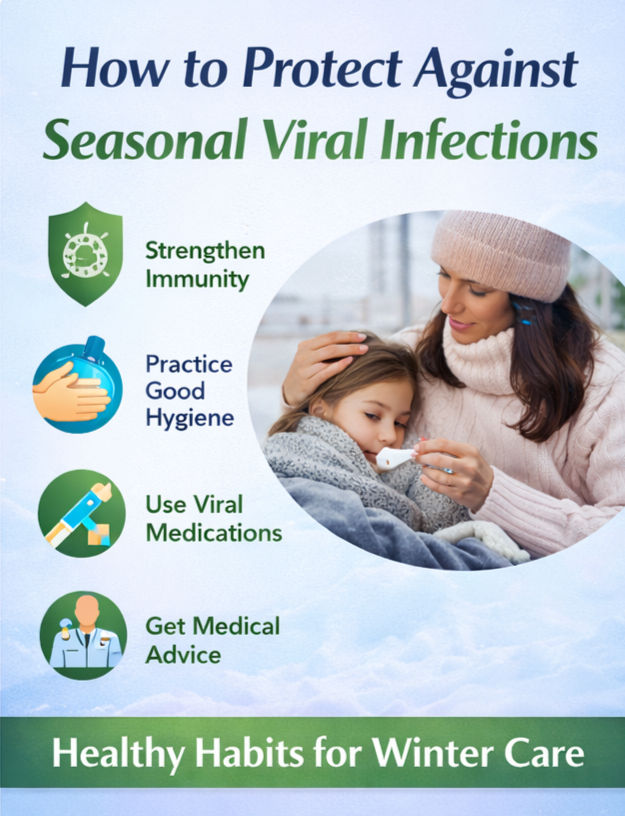Mother comforts sick child with thermometer. Text: How to Protect Against Seasonal Viral Infections. Tips include immunity, hygiene, medication, advice.