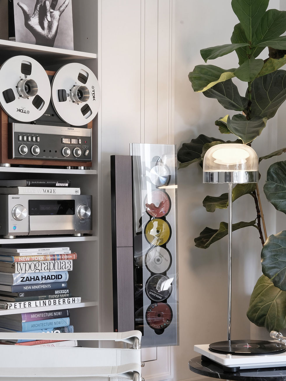 Salon w stylu art déco z marmurowym kominkiem i unikatowym sprzętem audio.