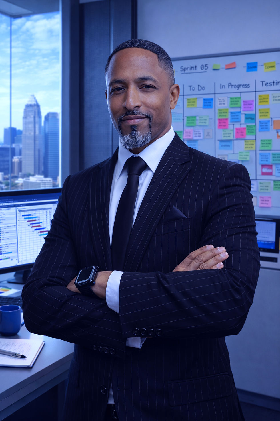 Electric Black Pint Stripped Suit Office Project Management Background Arms Crossed.png