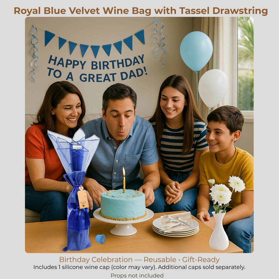 Family celebrating dad’s birthday in a modern living room with a blue cake and a royal blue velvet wine bag on the table.