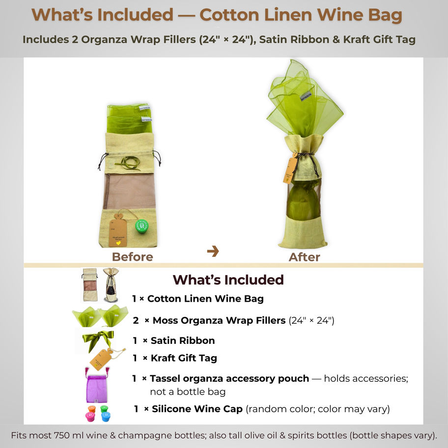 What's included with cotton linen wine bag: bag, 2 moss green organza wraps, satin ribbon, kraft tag, pouch, and silicone cap
