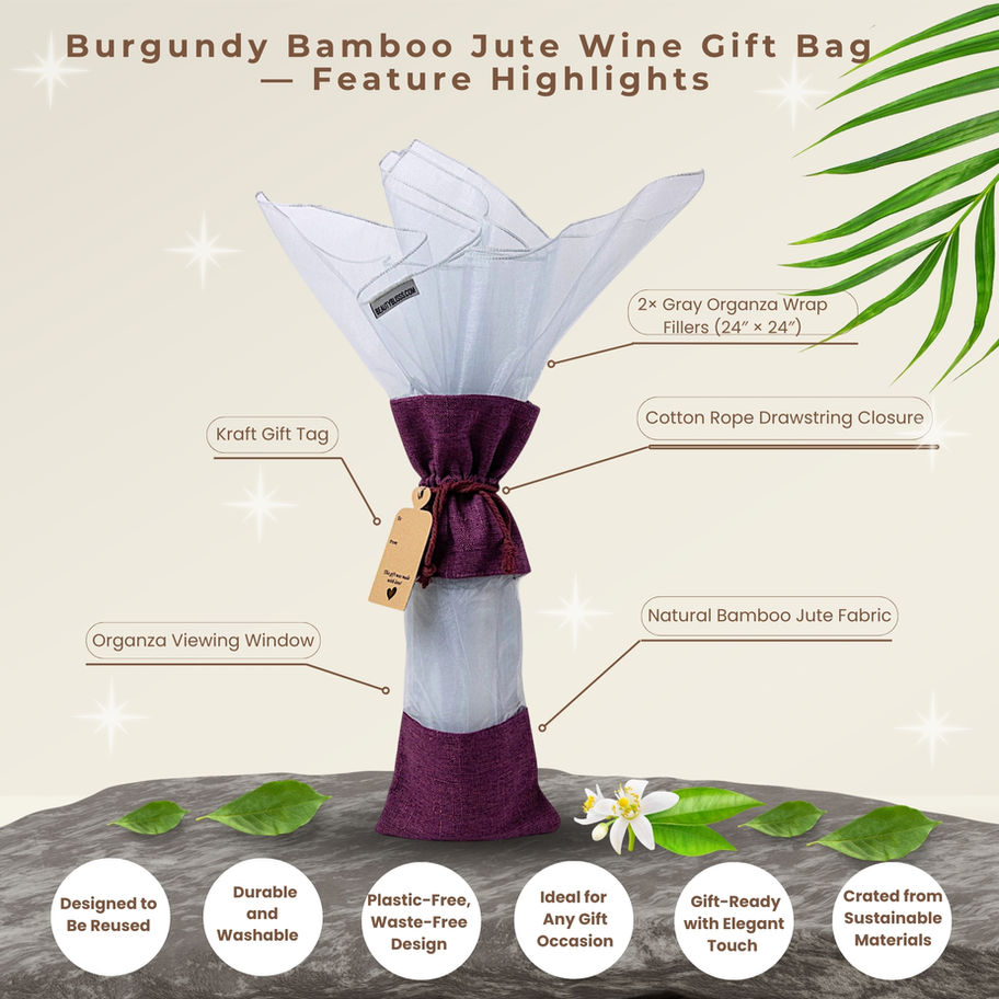Burgundy jute wine gift bag with organza window, cotton rope drawstring, 2× 24×24 gray organza wraps, and kraft gift tag