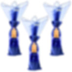 Set of 3 royal blue velvet wine gift bags with tassel drawstring and royal blue organza wrap fillers in display.