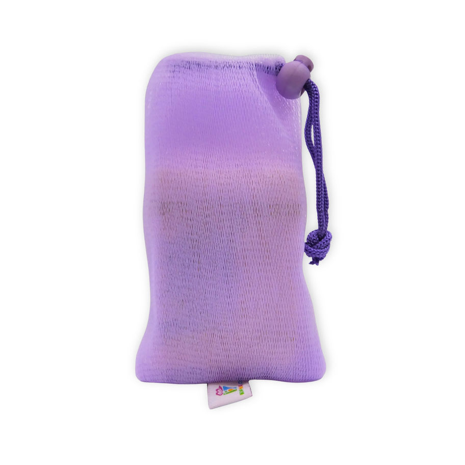 Purple nylon mesh soap saver bag with toggle drawstring shown filled and ready for bar soap use