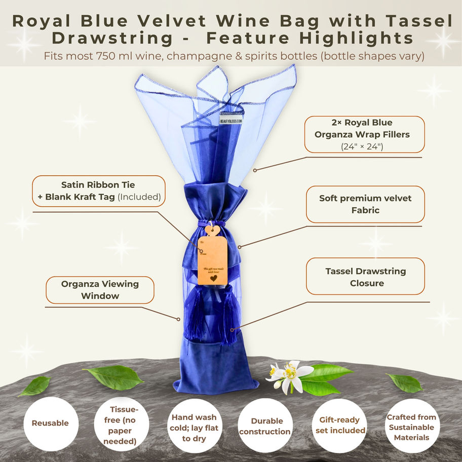 Feature highlights of royal blue velvet wine gift bag with tassel drawstring, organza window, and blue wrap fillers.
