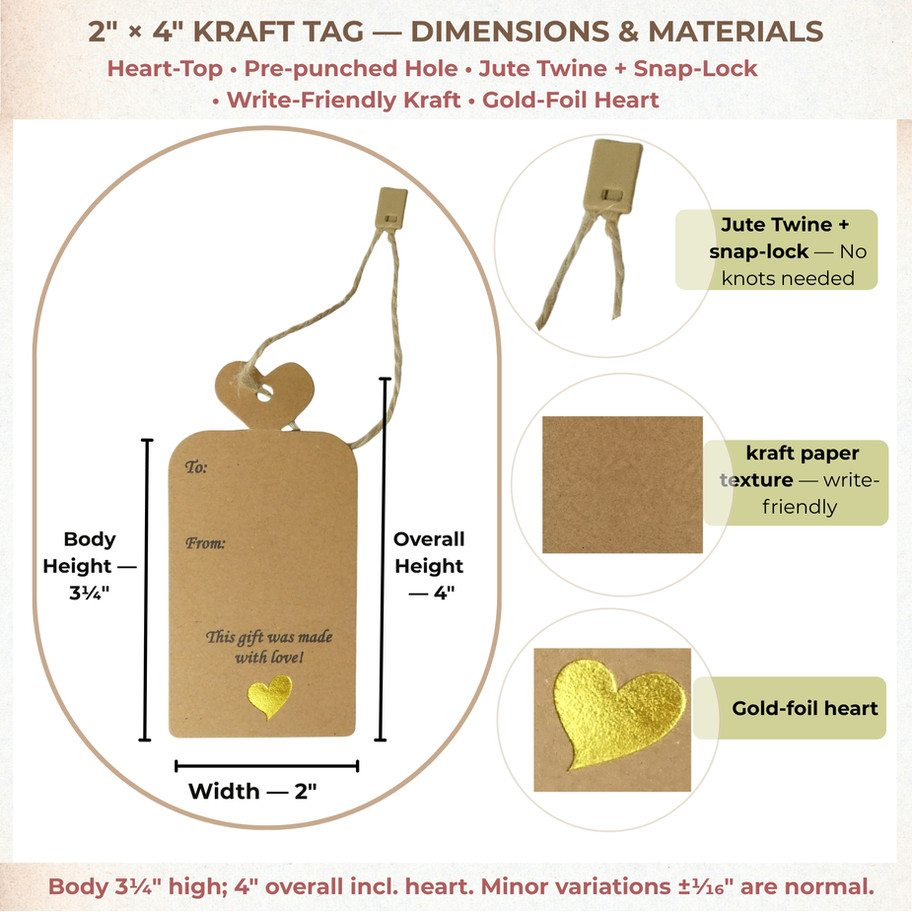 Dimensions and materials for Beauty Blisss kraft gift tag: 2″ width, 3¼″ body height, 4″ overall; jute twine with snap-lock