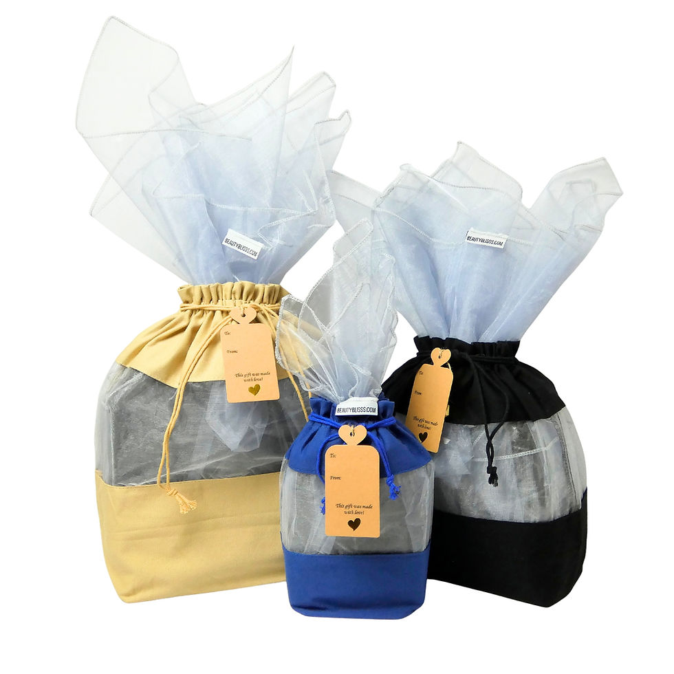 Reusable canvas gift bag set in small, medium, and large sizes with gray organza window, kraft tags, and wrap fillers