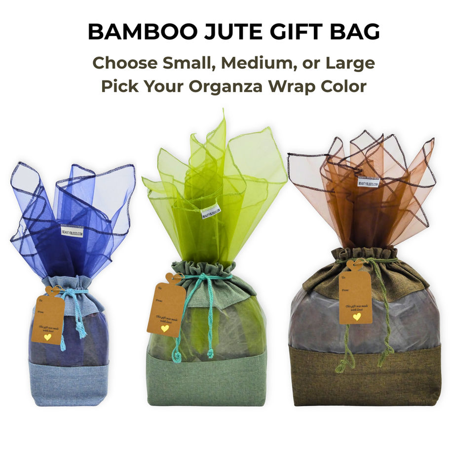 Beauty Blisss bamboo jute gift bags in Small, Medium, and Large with organza wraps, kraft tags, and size o