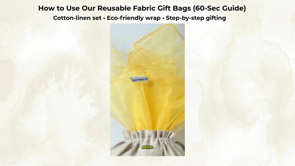 Video thumbnail showing reusable fabric gift bag presentation with yellow organza wrap filler