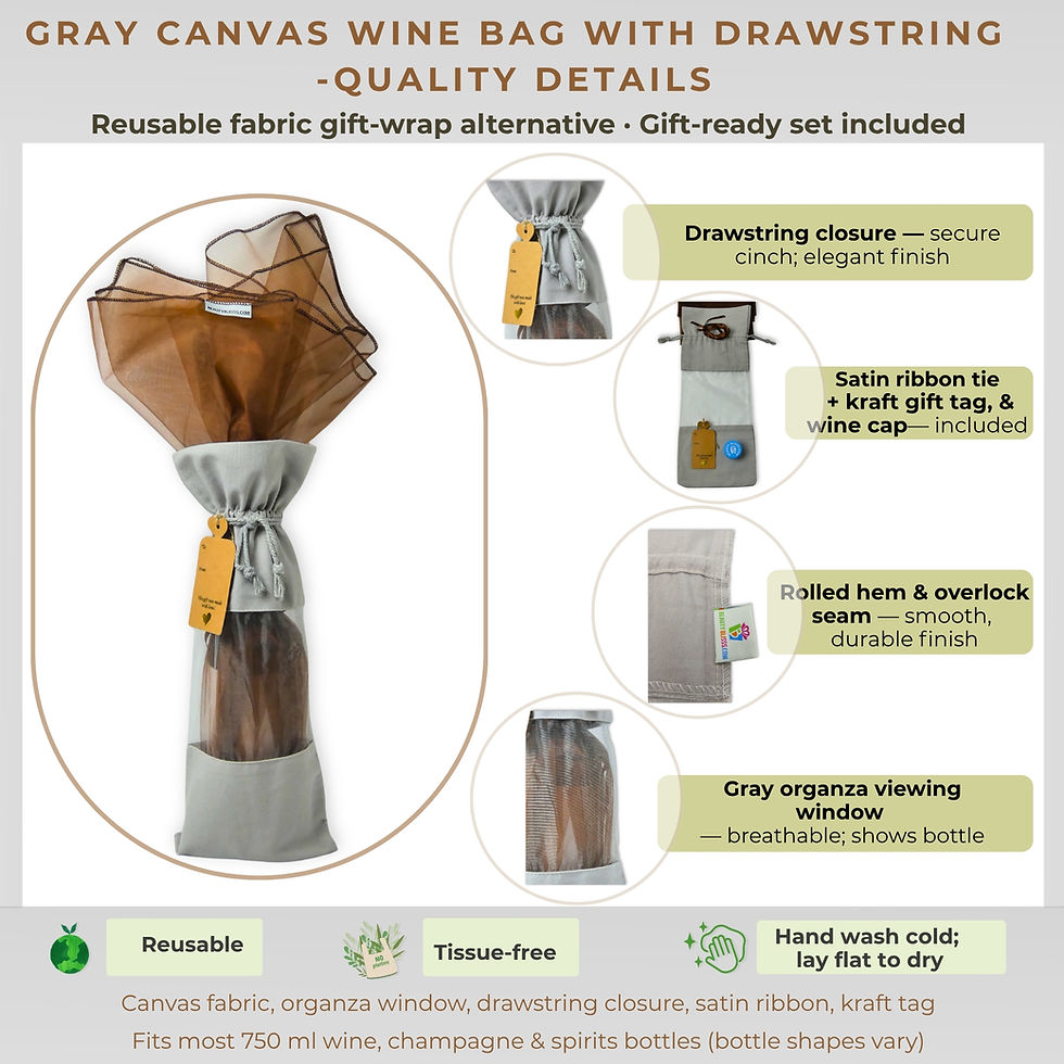 Close up quality details of gray canvas wine bag showing drawstring closure, satin ribbon, organza window, and seam finish.