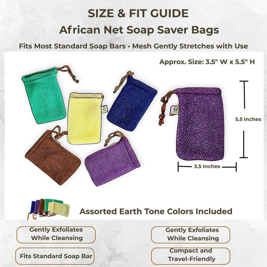 African net soap saver bag size guide showing dimensions, assorted earth-tone colors, and fit for standard bar soaps