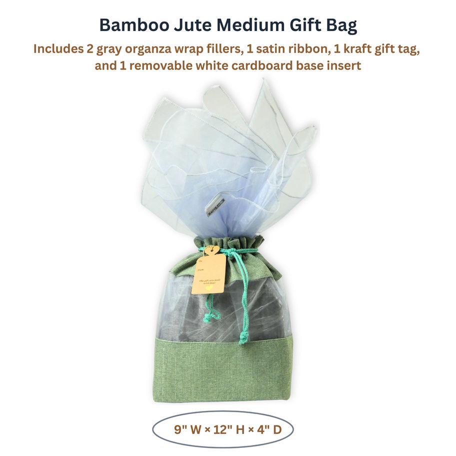 Medium sage green bamboo jute gift bag with gray organza window, gray wrap fillers, kraft tag, and satin ribbon