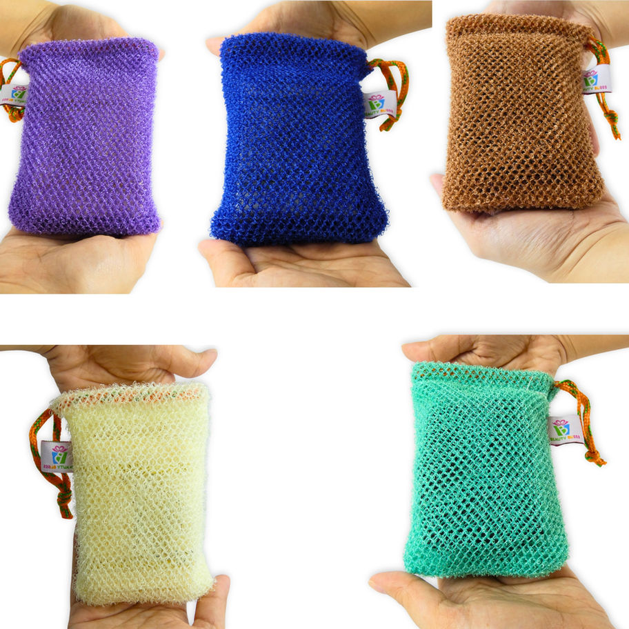 African net soap saver bags shown in hand in assorted earth-tone colors with drawstring cords