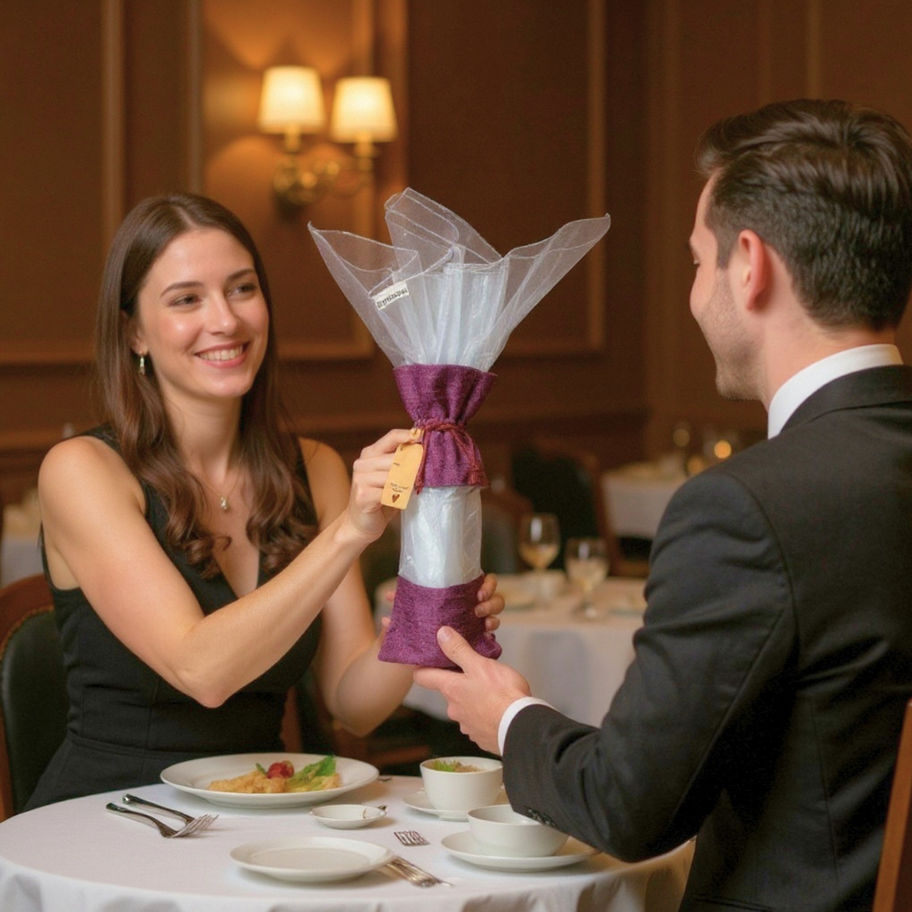 Burgundy bamboo jute wine gift bag presented in a dinner date scene as a thoughtful gift ready bottle presentation.