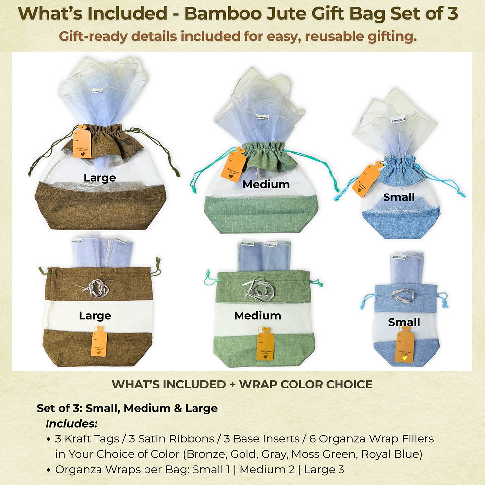 What's included Bamboo jute gift bag set styled in a home setting with small, medium, and large bags