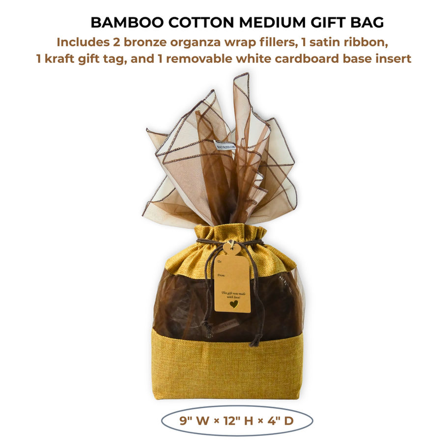 Bamboo cotton medium gift bag with bronze organza wrap filler, satin ribbon, kraft tag, and removable insert