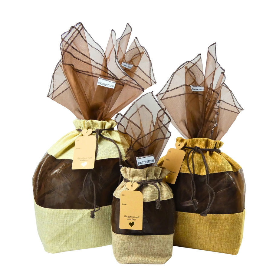 Bamboo cotton gift bag set in small, medium, and large sizes with bronze organza wrap fillers, tags, and ribbons