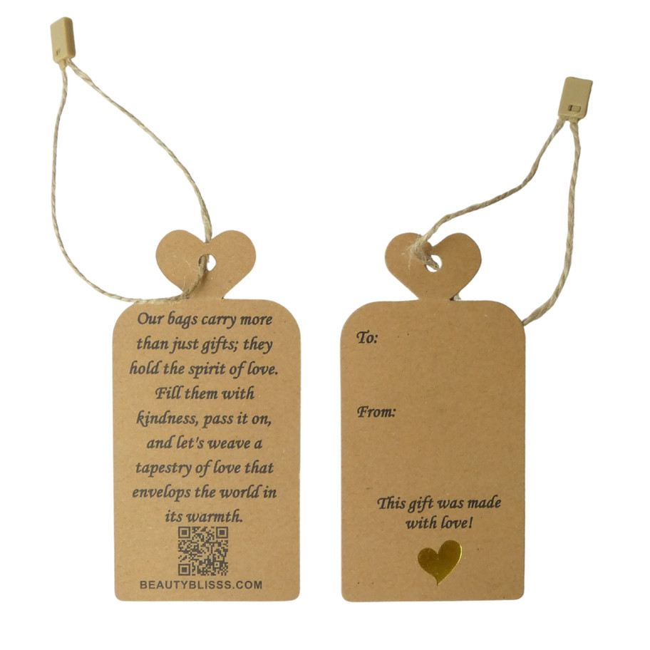 Beauty Blisss kraft gift tags 2x4 inch with heart top, jute string & snap-lock fastener, front & back views on white, 50 pack