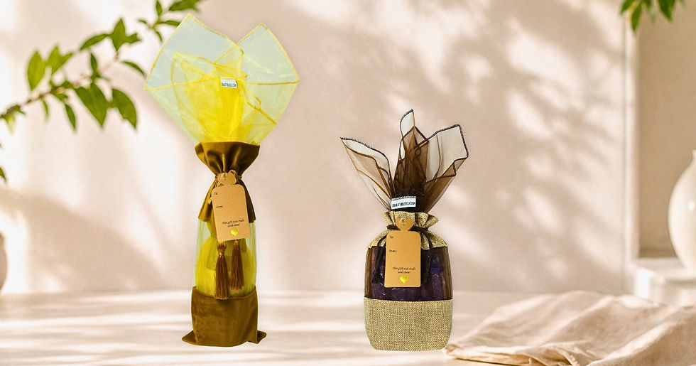 Beauty Blisss reusable fabric gift bag and wine bag with organza wrap fillers and kraft tags in a soft natural setting