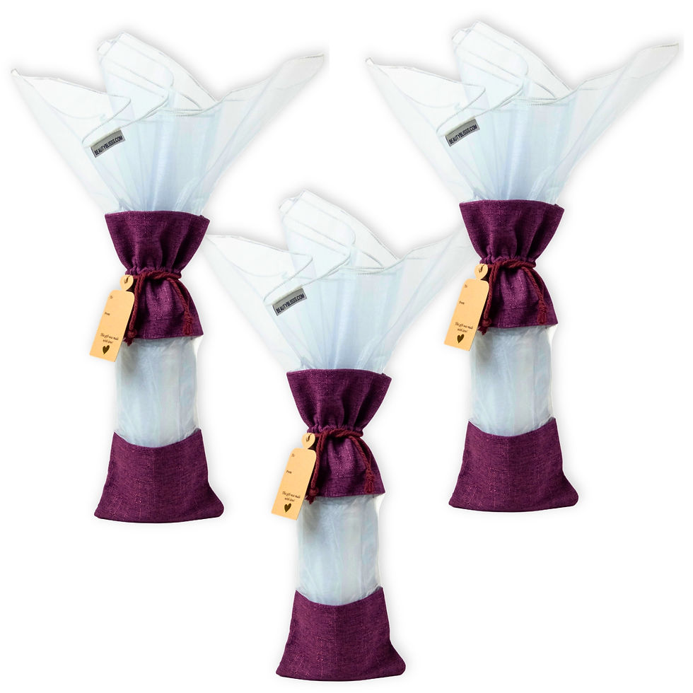 Set of 3 burgundy bamboo jute wine gift bags with gray organza wrap fillers and kraft tags in display.