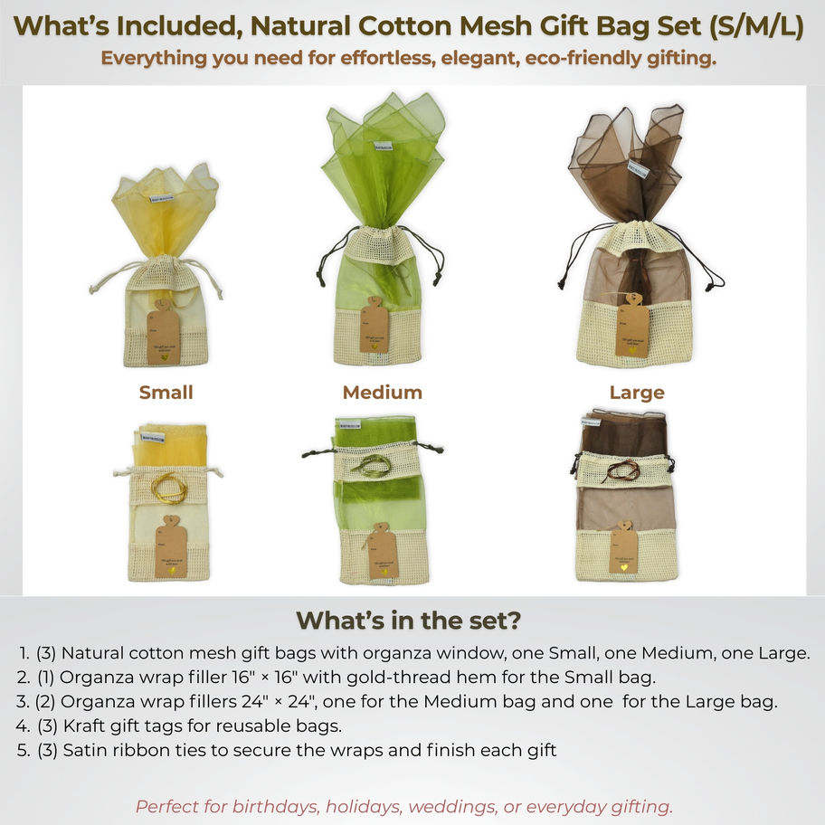 Natural cotton mesh gift bag set S M L with organza wraps kraft gift tags ribbon ties small medium large bags whats included