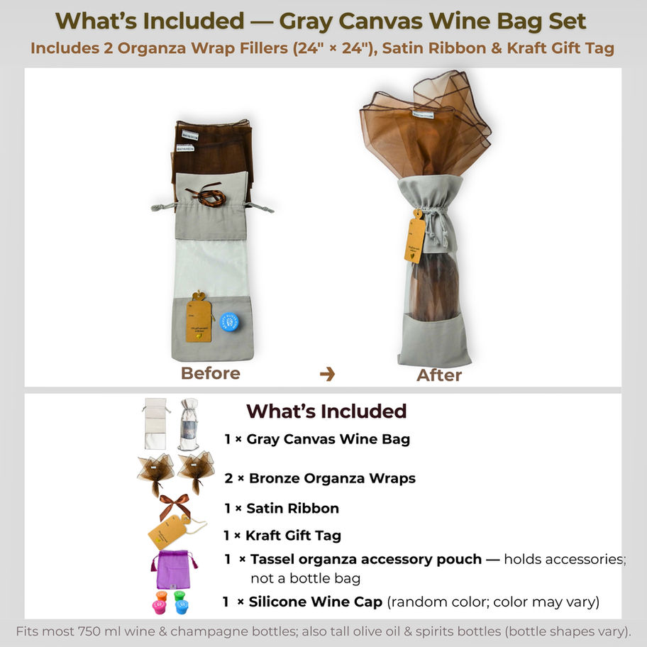 What's included with gray canvas wine bag: bag, 2 bronze organza wraps, satin ribbon, kraft tag, pouch, and silicone cap.