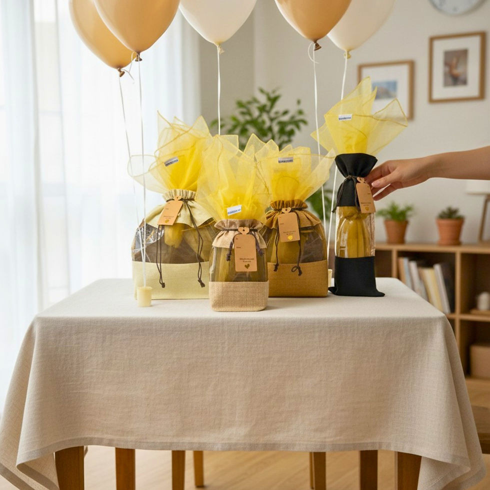 Reusable wine bag and gift bags with yellow organza wrap fillers styled on a table for polished, eco-friendly gifting
