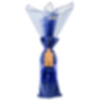 Royal blue velvet wine gift bag with organza window and tassel drawstring; pure white background.