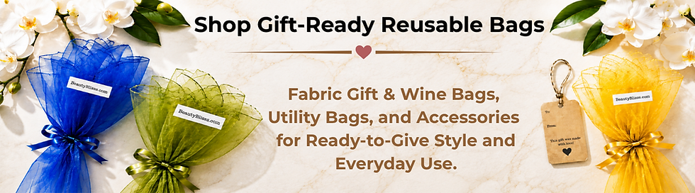 Reusable fabric gift and wine bags with blue, moss green, and gold organza wrap fillers and a kraft gift tag