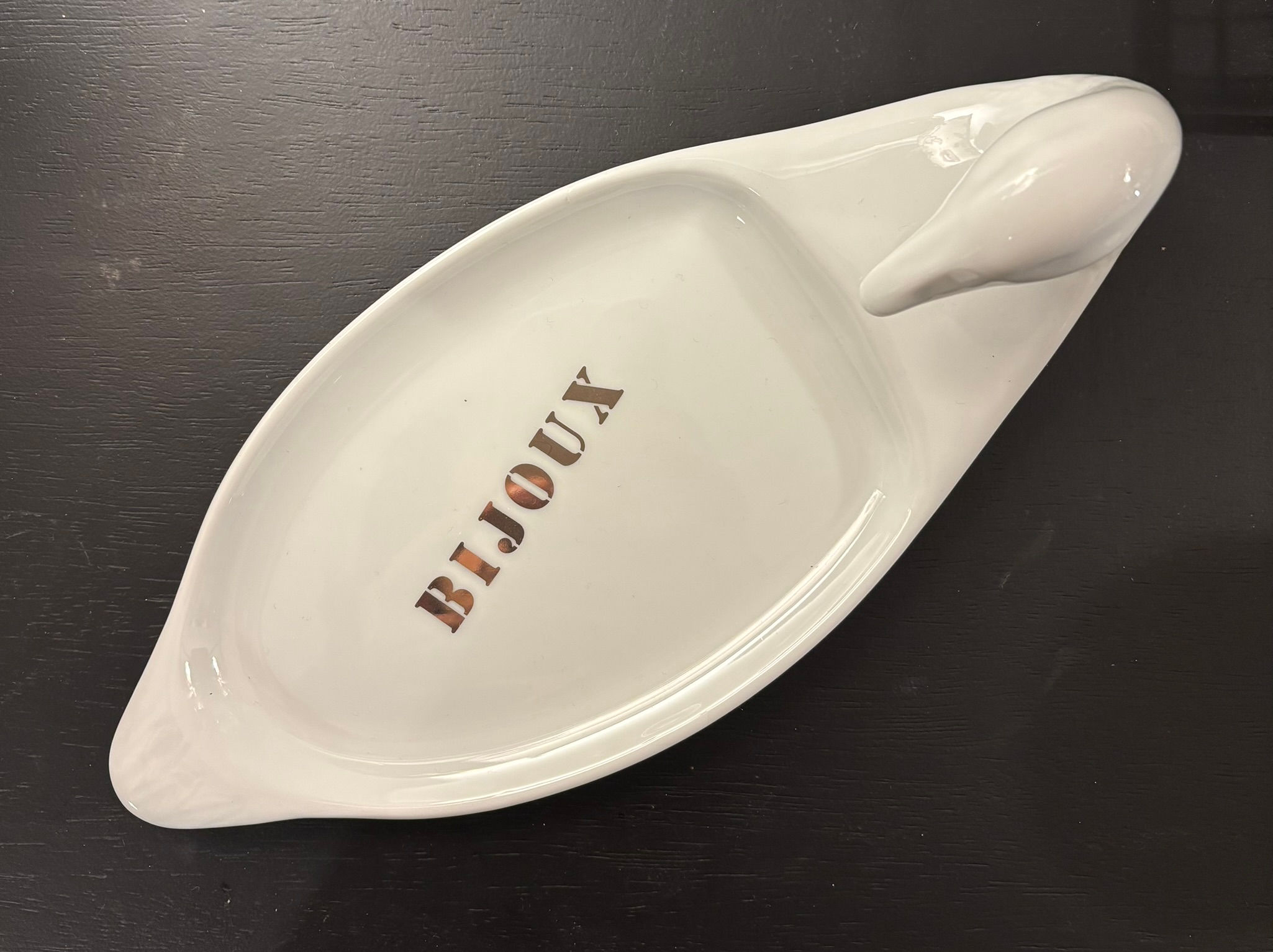 Cygne porte bijoux en céramique avec texte argenté