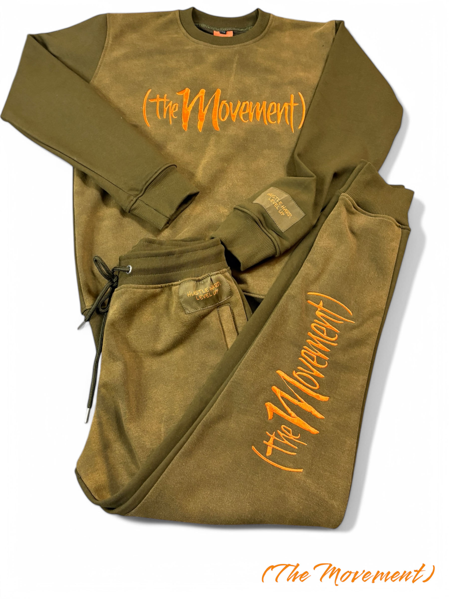 (The Movement) two tone acid wash crew neck set- Olive green w/orange