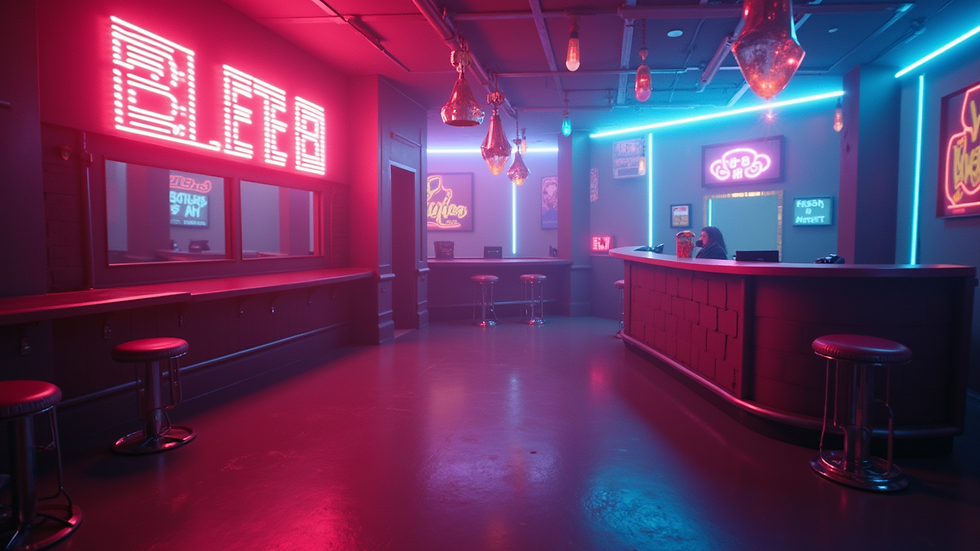 High angle view of a roller disco venue with neon lights and a DJ booth